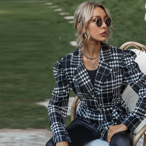 

Puff Sleeve Plaid Belted Blazer, Black and white