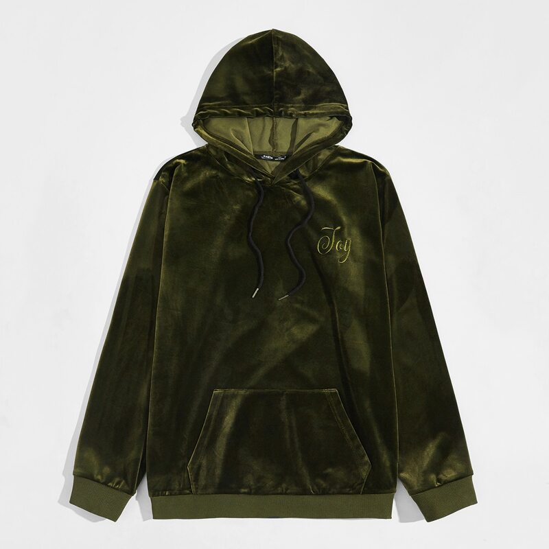 

Guys Letter Embroidery Velvet Hoodie, Army green