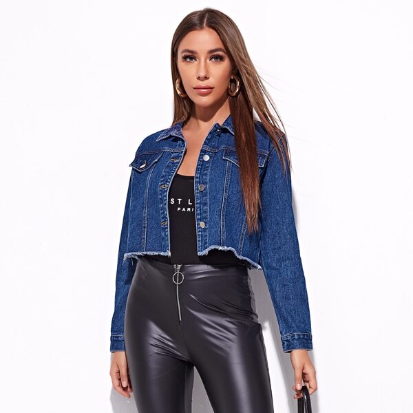 

Raw Hem Button Front Crop Denim Jacket, Dark wash