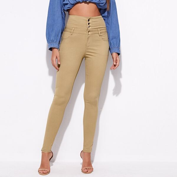 

High Waist Button Front Skinny Jeans, Khaki