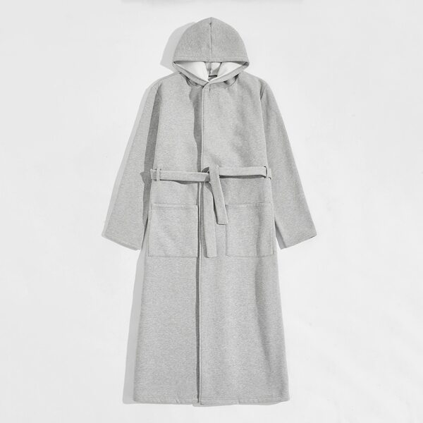 

Men Pocket Front Self Belted Hooded Robe, Light grey