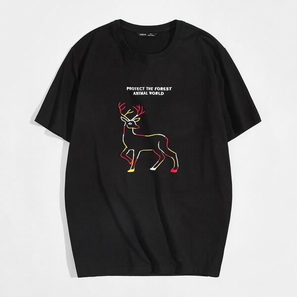 

Men Slogan & Deer Embroidery Tee, Black