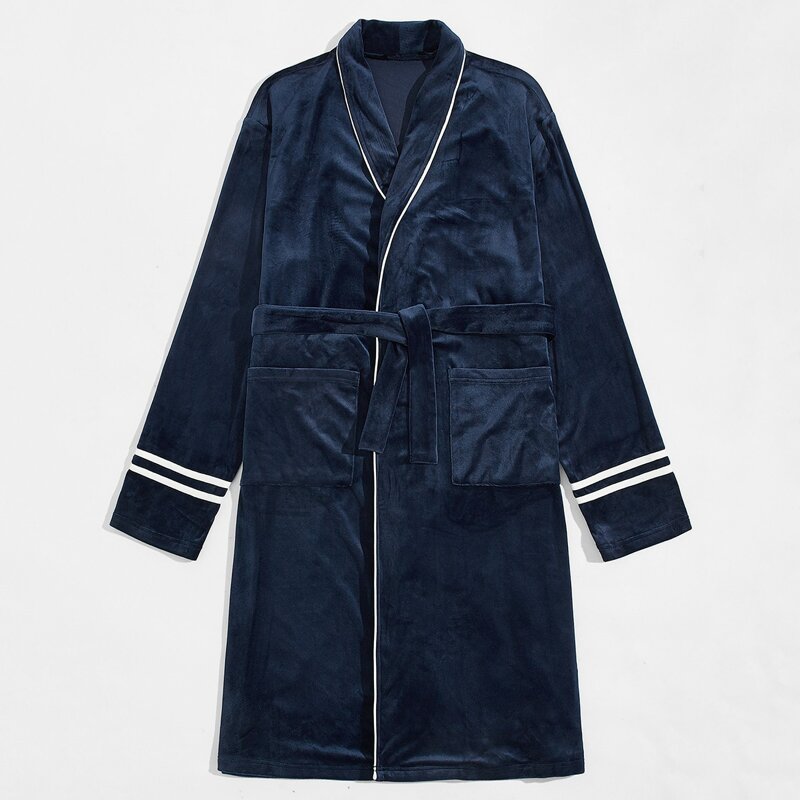 

Guys Pocket Front Belted Velvet Robe, Navy blue