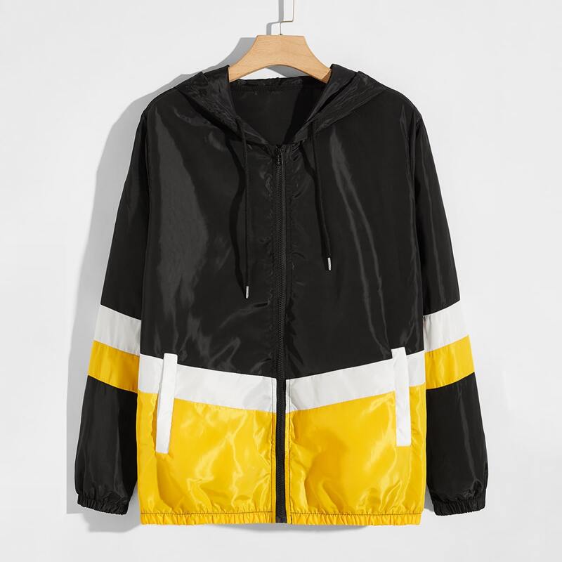 

Guys Color-block Drawstring Windbreaker Hooded Jacket, Multicolor