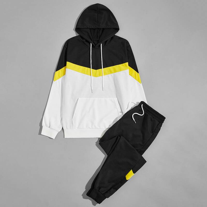 

Guys Colorblock Kangaroo Pocket Hoodie & Sweatpants, Black and white