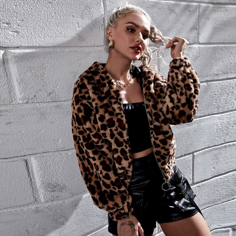 

Leopard Hooded Faux Fur Coat, Multicolor