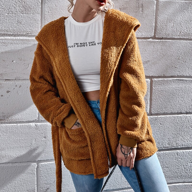 

Hooded Belted Teddy Coat, Brown