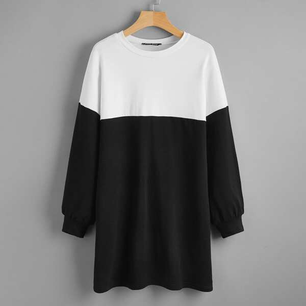 

Color Block Drop Shoulder Sweatshirt Dress, Black and white