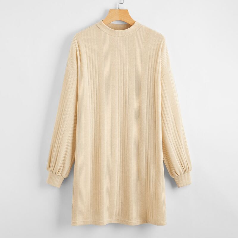 

Solid Drop Shoulder Rib-knit Dress, Khaki