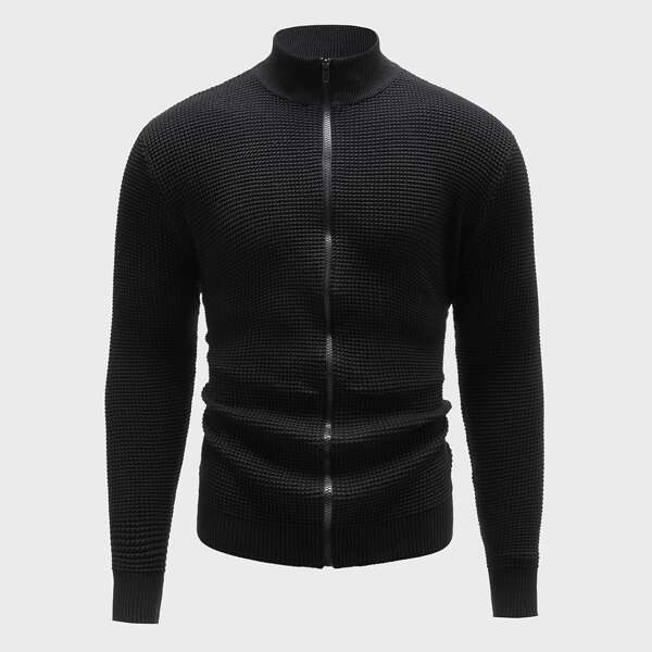 

Men Solid Zip Up Waffle Knit Cardigan, Black