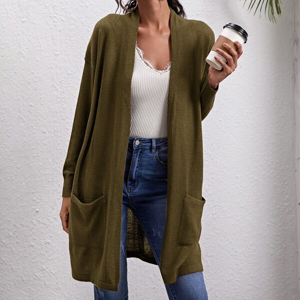 

Patch Pocket Open Front Cardigan, Olive green