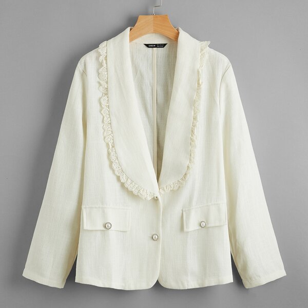 

Guipure Lace Trim Single Pearl Breasted Tweed Blazer, White