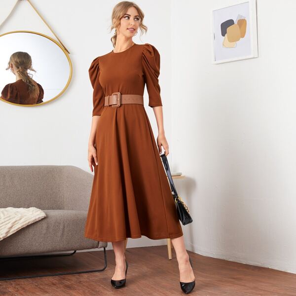 

Puff Sleeve Self Buckle Belted Dress, Rust brown