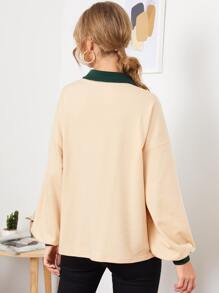 SHEIN Unity Pullover mit Kontrast Kragen, Laternenärmeln und Buchstaben Grafik
