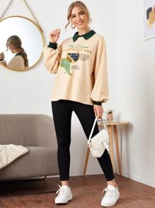 SHEIN Unity Pullover mit Kontrast Kragen, Laternenärmeln und Buchstaben Grafik