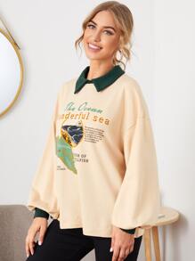SHEIN Unity Pullover mit Kontrast Kragen, Laternenärmeln und Buchstaben Grafik