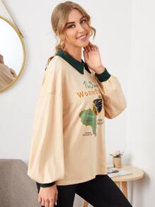 SHEIN Unity Pullover mit Kontrast Kragen, Laternenärmeln und Buchstaben Grafik