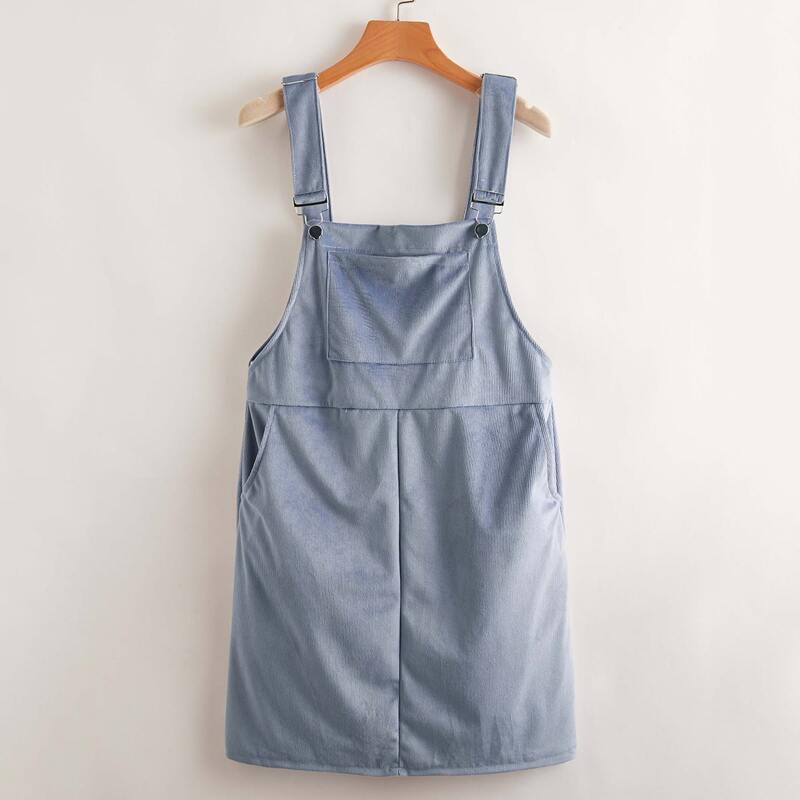 

Kangaroo Pocket Solid Corduroy Overall Dress, Blue