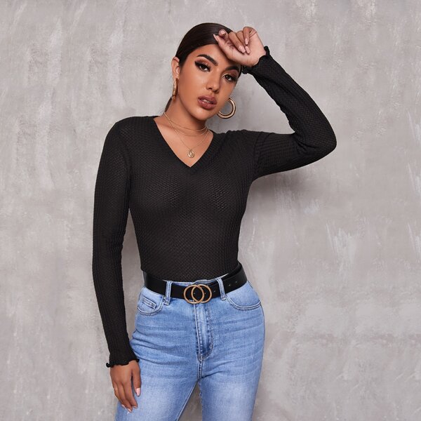 

Waffle Knit Solid Tee, Black