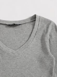 SHEIN EZwear v領羅紋針織短版上衣 - 灰色 - 查看 4