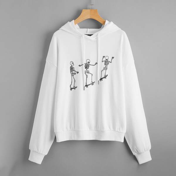 

Drop Shoulder Skeleton Print Drawstring Hoodie, White