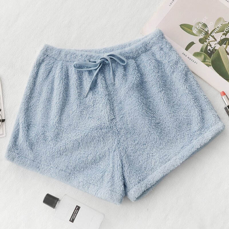 

Drawstring Waist Flannel Lounge Shorts, Baby blue