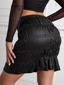 Ruched Ruffle Hem Leather Look Denim Skirt - Black - View 2