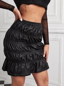 Ruched Ruffle Hem Leather Look Denim Skirt - Black - View 3