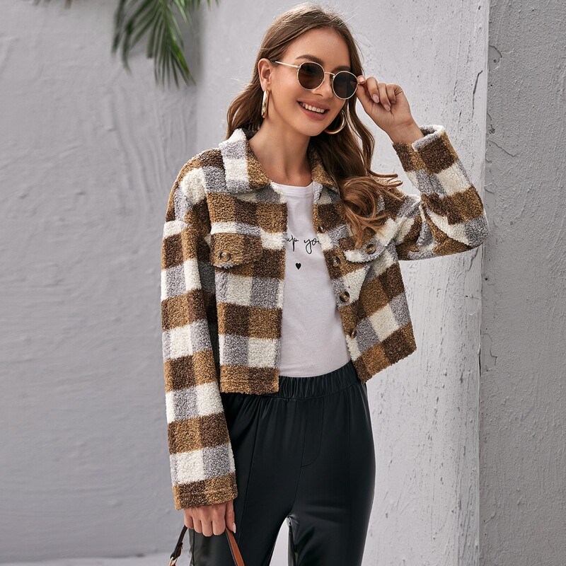 

Drop Shoulder Button Front Gingham Teddy Jacket, Multicolor