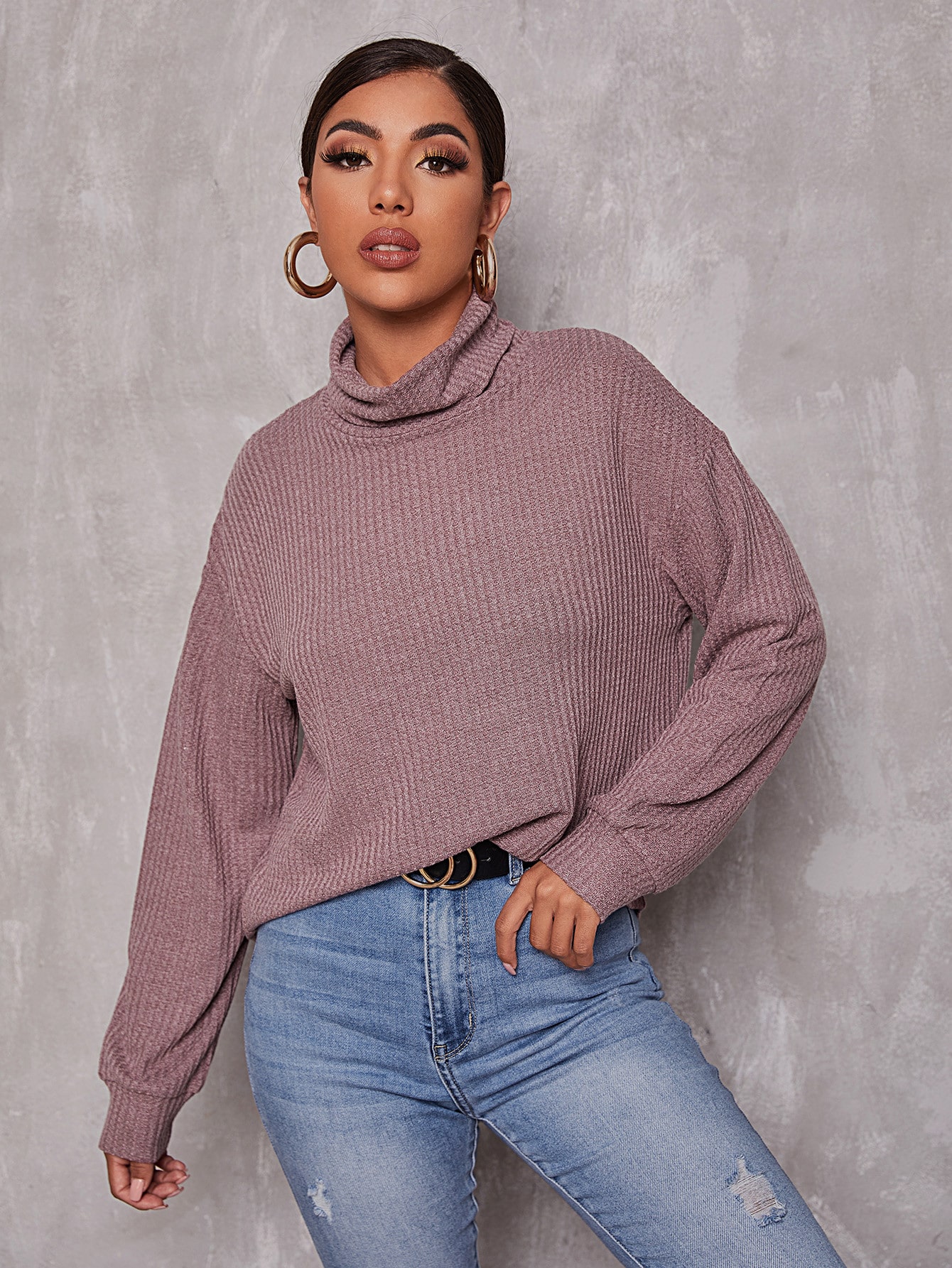Turtle Neck Drop Shoulder Waffle Knit Top thumbnail