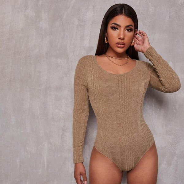 

Scoop Neck Rib-knit Bodysuit, Khaki