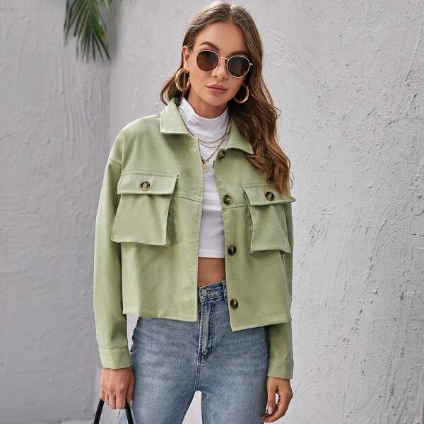 

Drop Shoulder Flap Pocket Solid Jacket, Pastel mint green