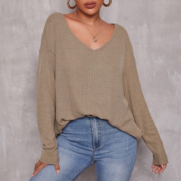 

Drop Shoulder Split Side Rib-knit Top, Khaki