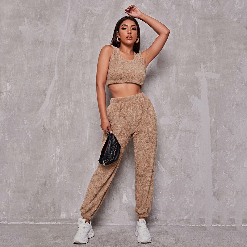 

Solid Crop Teddy Tank Top and Pants Set, Apricot