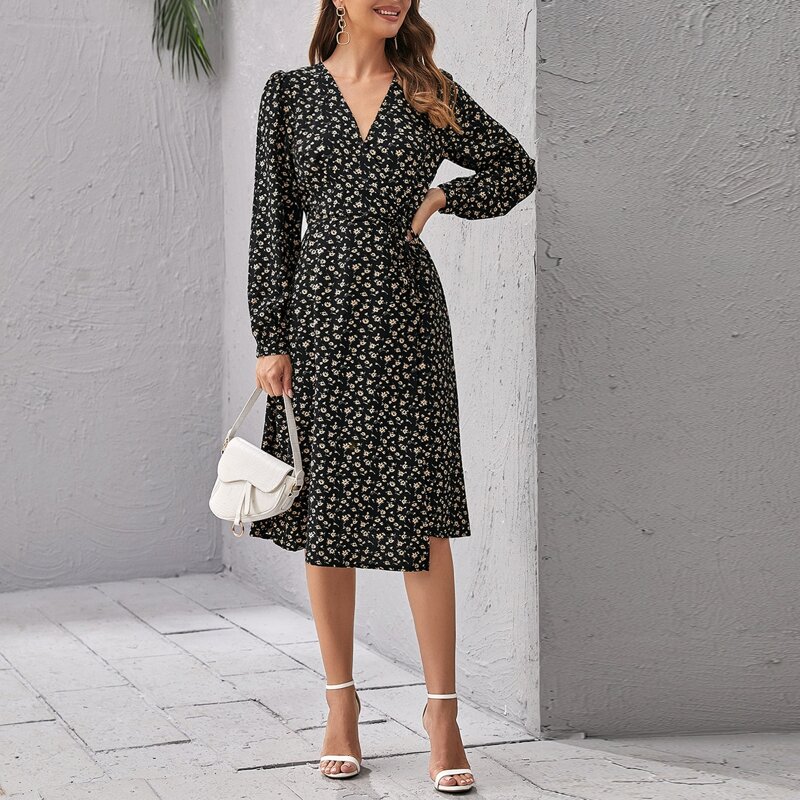 

Ditsy Floral Surplice Neck Belted Dress, Black