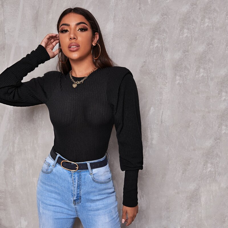 

Shoulder Pad Gigot Sleeve Rib-knit Top, Black
