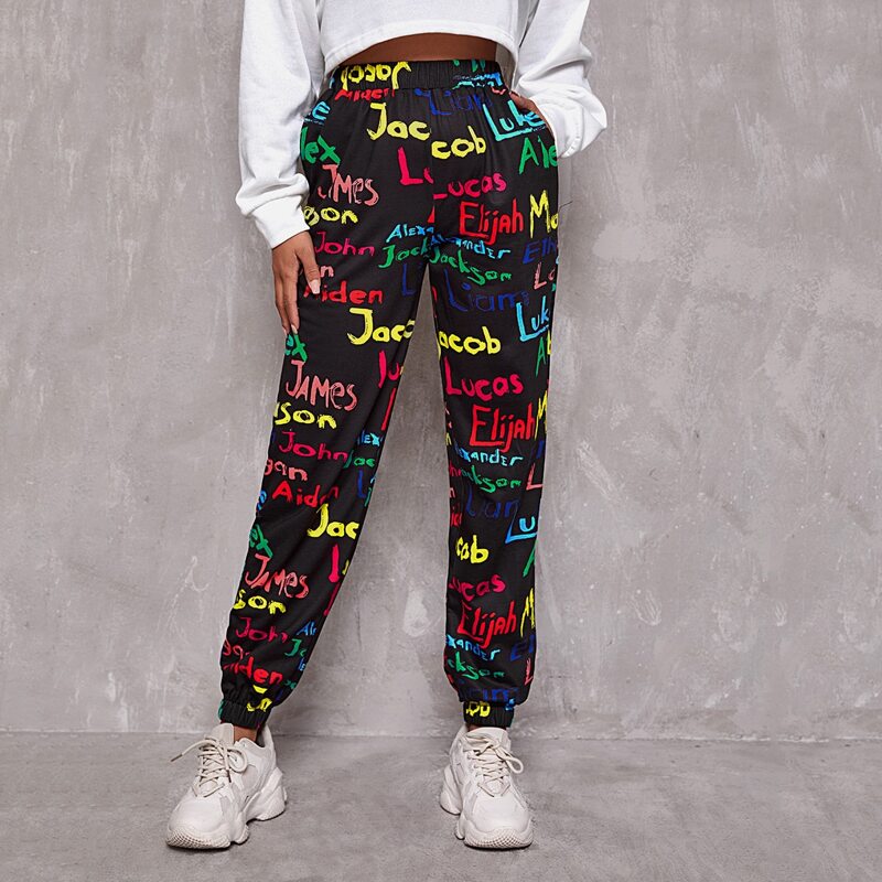 

Letter Graphic High Waist Sweatpants, Multicolor