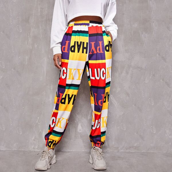 

Letter Graphic Slant Pocket Colorblock Joggers, Multicolor