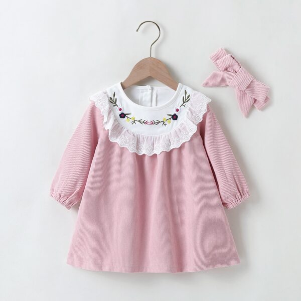 

Baby Girl Schiffy Panel Floral Embroidery Corduroy Dress & Headband, Baby pink