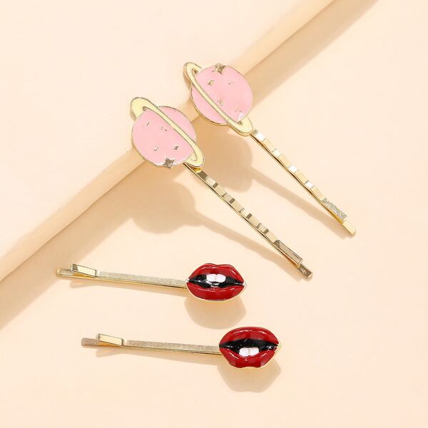 

4pcs Lips & Planet Decor Hair Clip, Multicolor