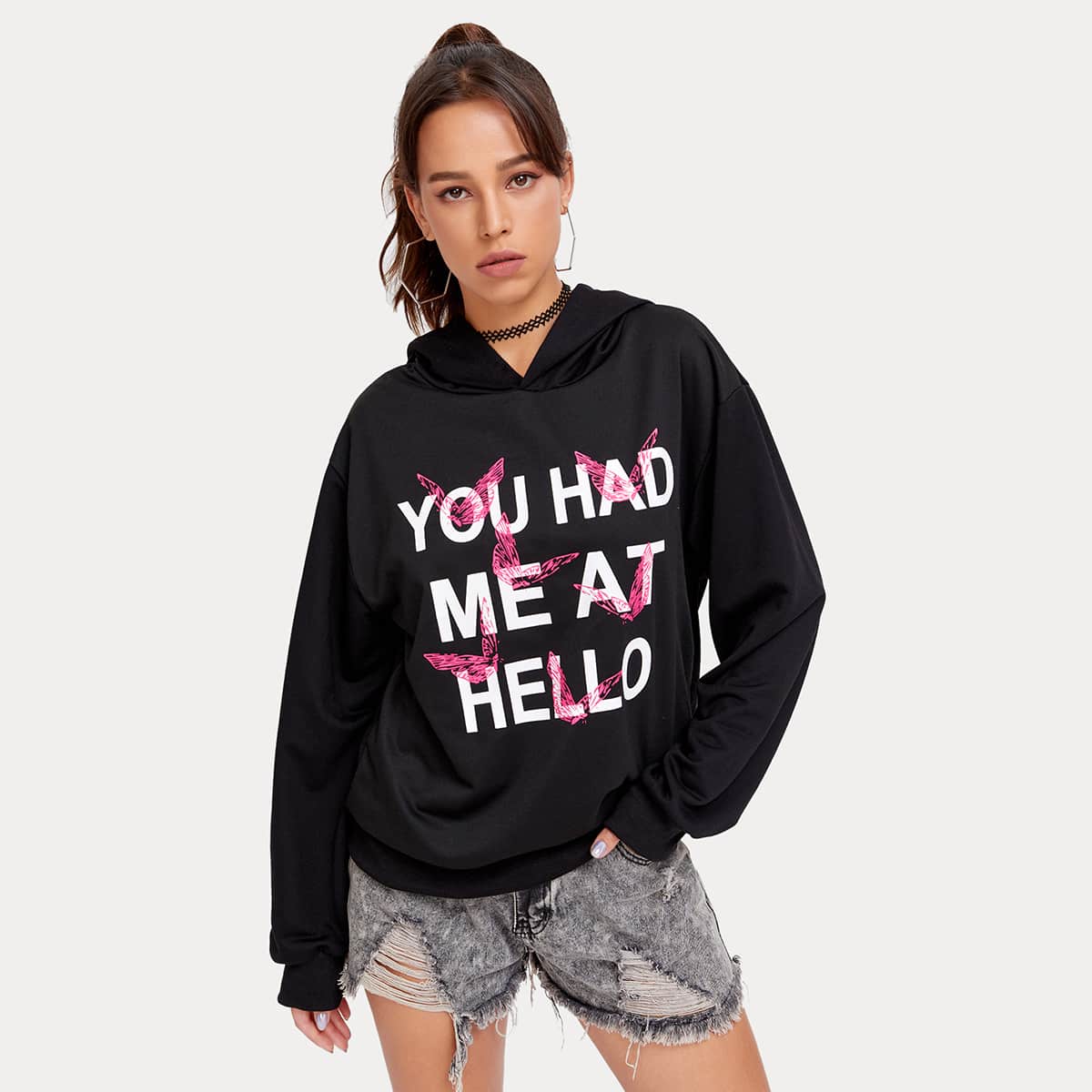 

Butterfly & Slogan Graphic Hoodie, Black