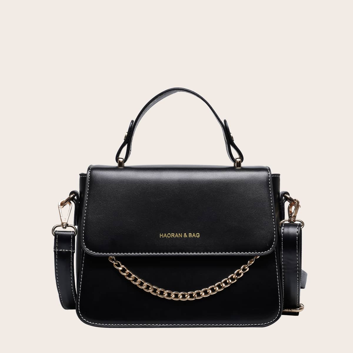 

Chain Decor Letter Graphic Flap Satchel Bag, Black