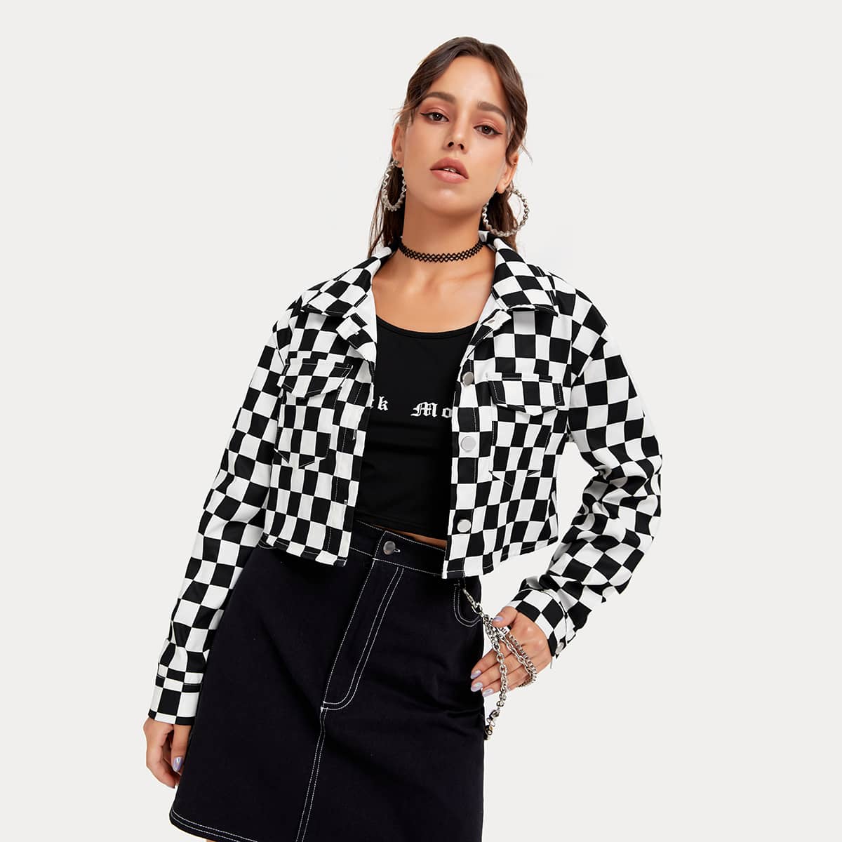 

Checkerboard Print Crop Jacket, Black and white