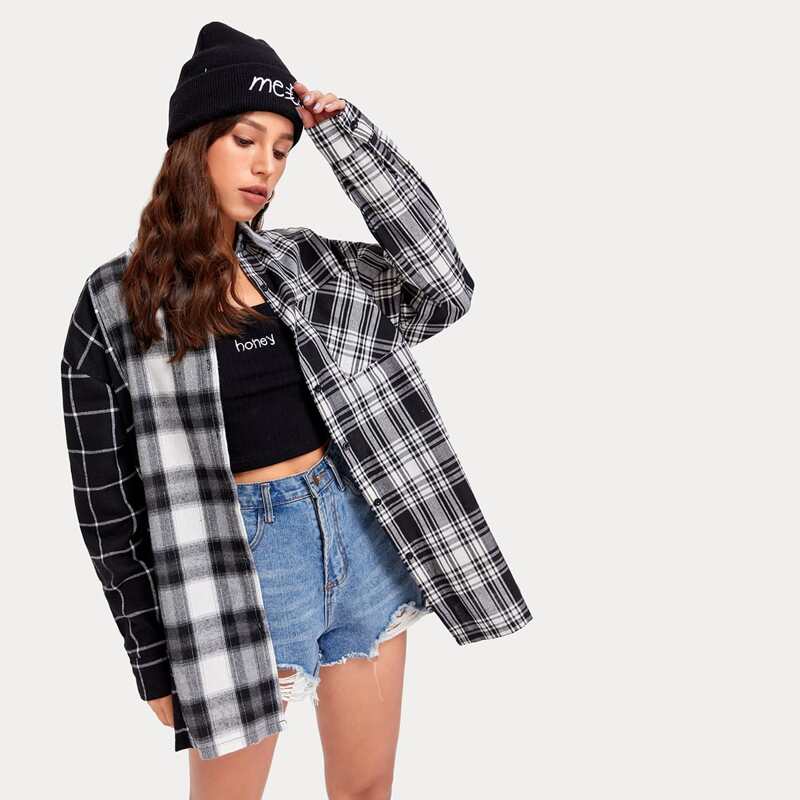 

Plaid Spliced Overshirt, Black and white
