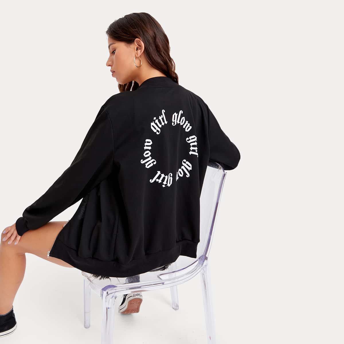 

Letter Graphic Bomber Jacket, Black