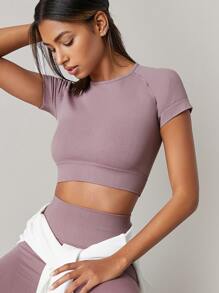 SHEIN Yoga Basic Áo thun thể thao màu trơn - Màu tím hoa cà - Xem 1