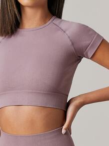 SHEIN Yoga Basic Áo thun thể thao màu trơn - Màu tím hoa cà - Xem 4