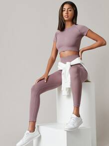 SHEIN Yoga Basic Áo thun thể thao màu trơn - Màu tím hoa cà - Xem 5