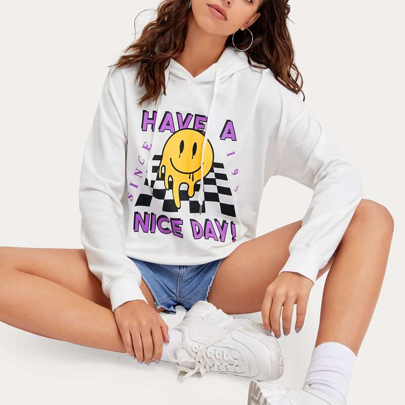 

Smile & Slogan Graphic Hoodie, White
