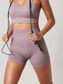 SHEIN Seamless Wide Waistband Sports Shorts - Mauve Purple - View 1